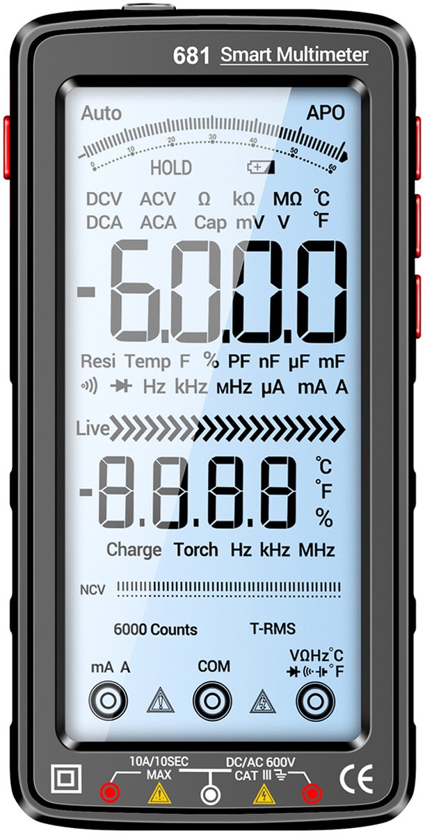Digitale Multimeter – 6000 Tellen – NCV Spanningsdetectie – Oplaadbare Batterij – Voor Elektrische Metingen