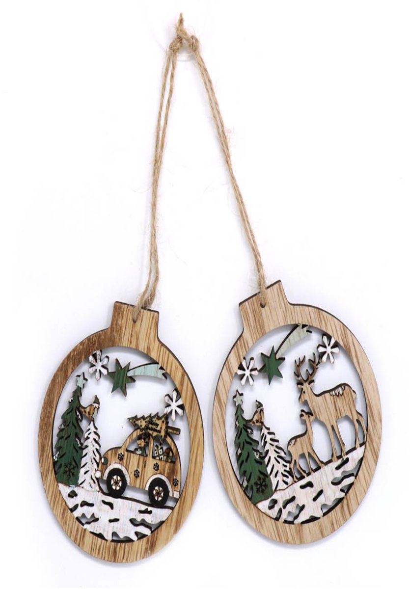 GUIRMA - 2 houten kerstboomhangers met besneeuwd bosdecor 10 cm