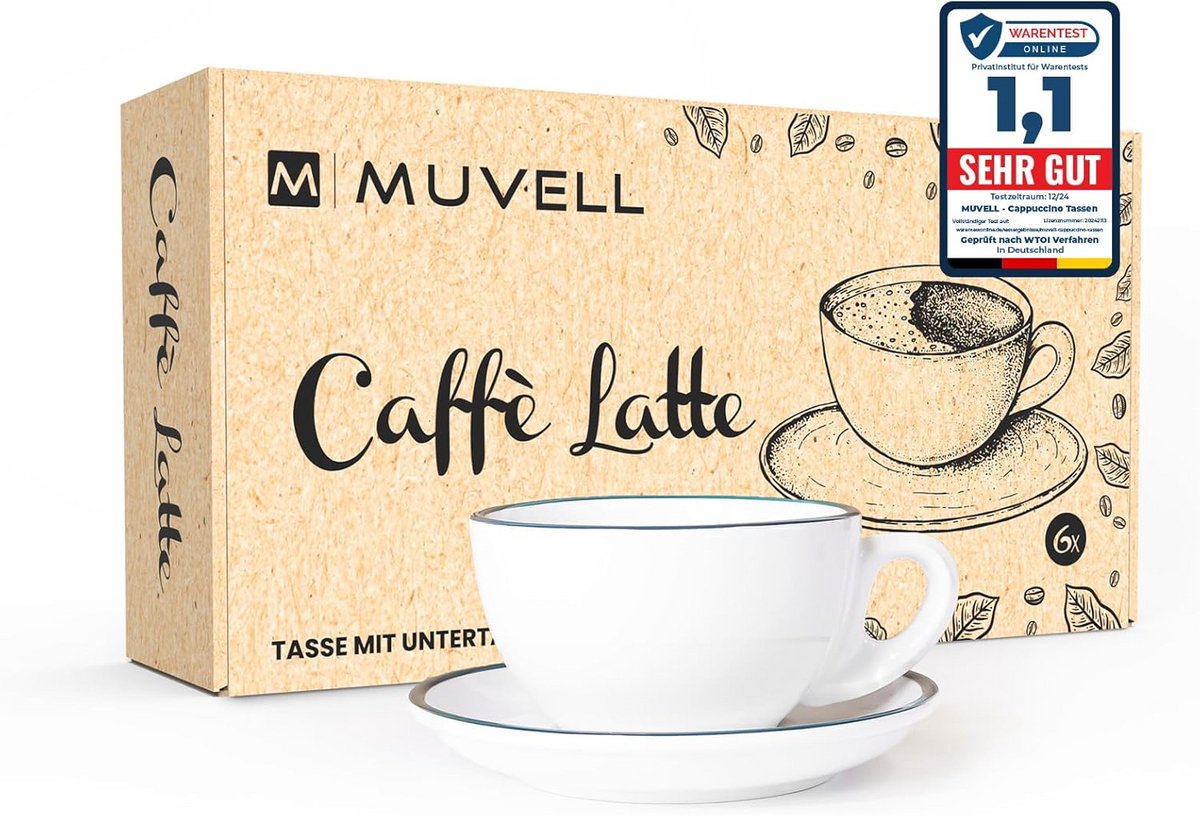 Set van 6 Grote Koffiekopjes met Schuine Rand en Schotels - Dikwandig & Vaatwasserbestendig