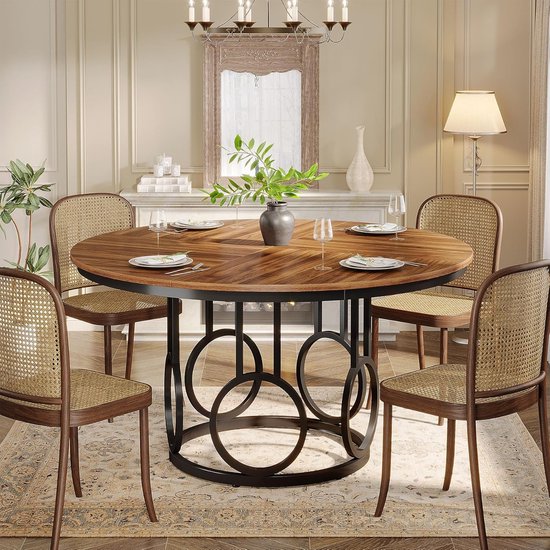 Tribesigns Table à Manger Ronde pour 4-6 Personnes - 120 x 120 x 75 cm - Design Industriel - Brun - avec Pied Métallique pour Salle à Manger, Cuisine, Salon