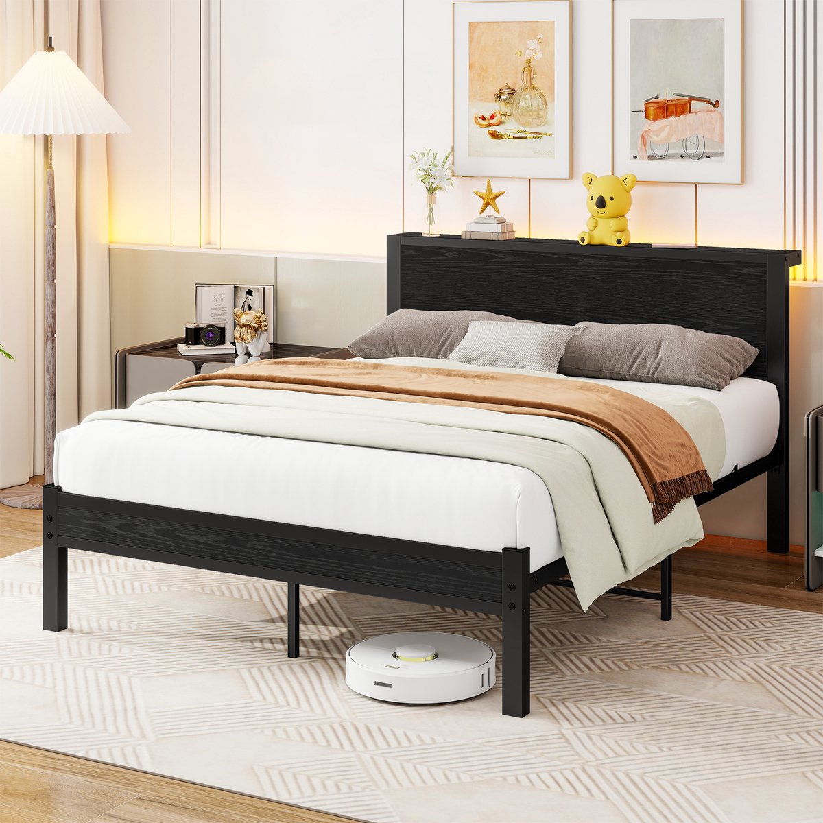 REDOM Bedframe 140x200 cm – MDF & metaal – 27 cm opbergruimte – Zwart & bruin – 220 kg