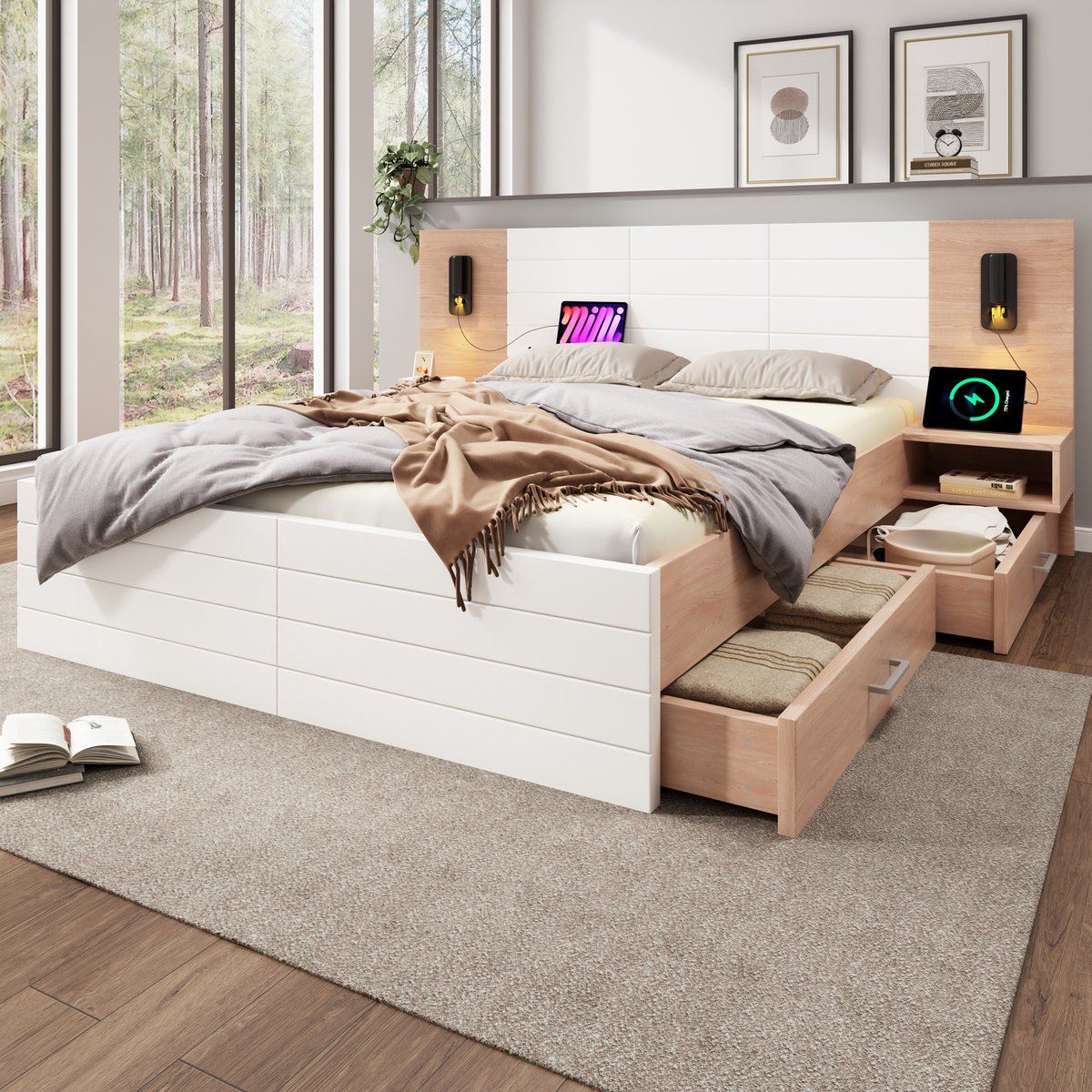 REDOM Bedframe 160x200 cm van massief hout/MDF – Met leeslamp (360°), USB, 2 lades, matras en lattenbodem – Wit/Eiken Wit(Inclusief matras)
