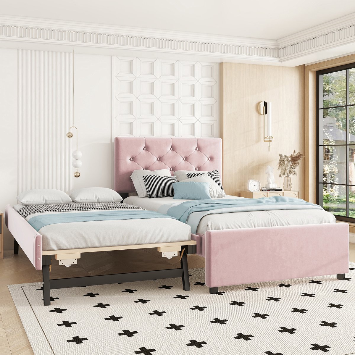 REDOM Bedframe – 90x200 cm – Met uitschuifbaar rolbed & knoopdesign – Fluweel & MDF – Roze