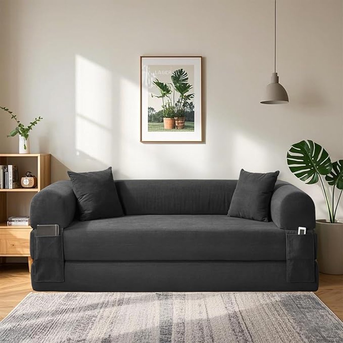 Vloerbank met Slaapfunctie 210x75x60 cm – 3-Zits Boneless Slaapbank – Inklapbare Bank Bed & Slaapstoel – Inclusief 2 Kussens – Moderne Vloer Slaapbank voor Woonkamer & Slaapkamer – Donkergrijs – Pauwhome