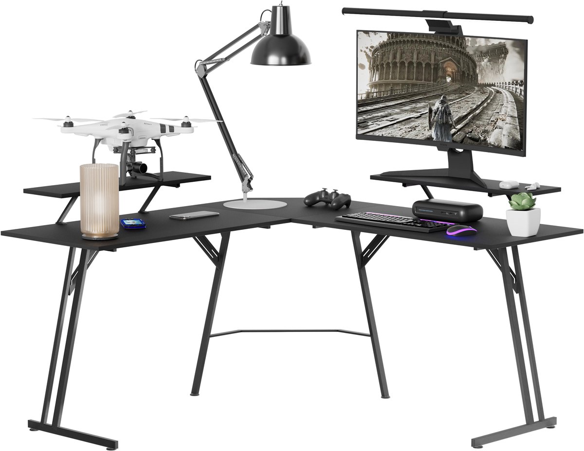 Froadp Grande table Bureau Bureau d'angle Bureau d'ordinateur en forme de L Bureau PC ergonomique Avec coin 140X73x50cm Multifonctionnel Construction robuste (avec supports d'écran) Zwart