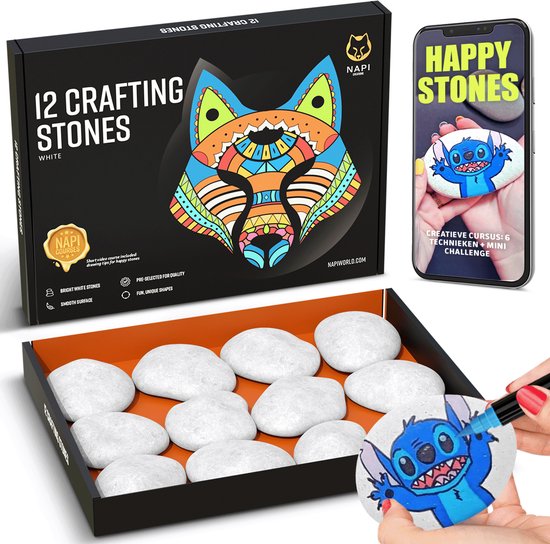 NAPI Happy Stones Stenen - 12 Witte Keien - Inclusief Cursus: Stenen Schilderen - Gladde Egale Keien - Pakket - Beach Pebbles - 4 tot 8cm - Wit