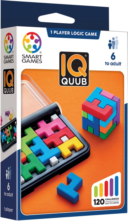 Verpakking van IQ QUUB spel, met afbeeldingen van het spel en de 3D kubus.
