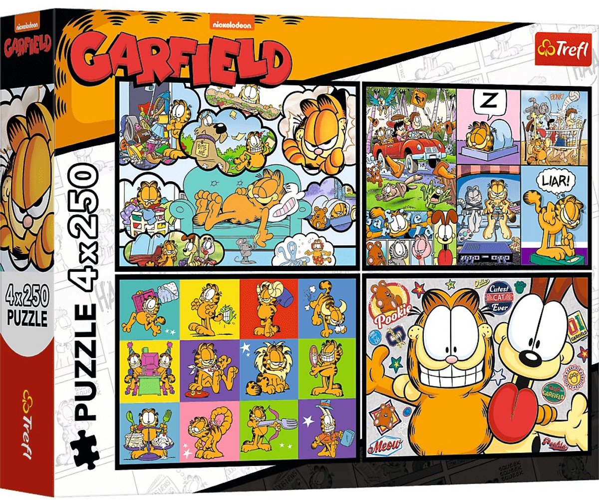 Trefl puzzel Garfield 4x250 stukjes - Garfield doesn't like Mondays.