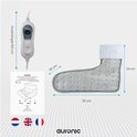 Grijze elektrische voetenwarmer met witte teddyvoering en afneembare controller. Afmetingen 30x30x24 cm.