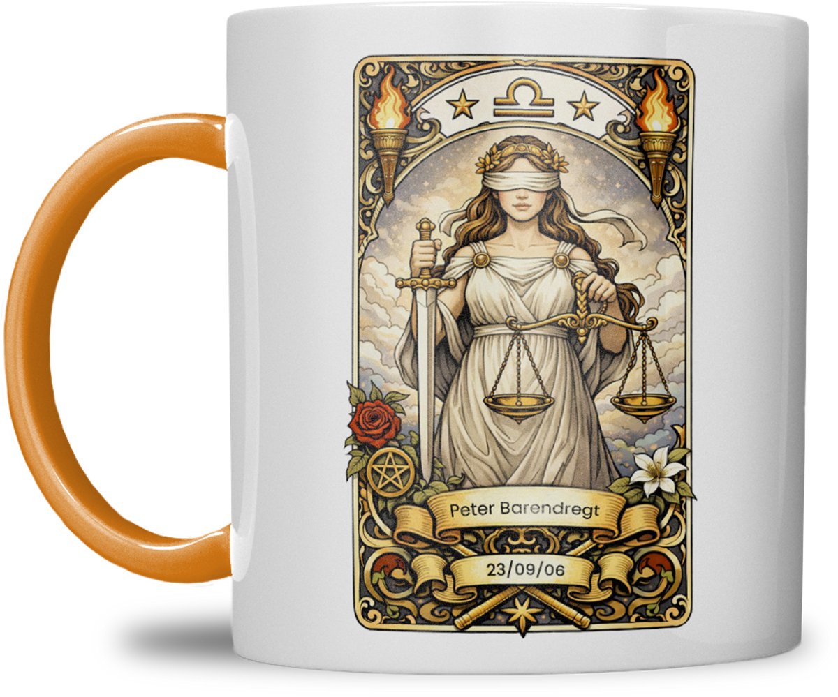 Sterrenbeeld mok - Weegschaal - Oranje - Tarot mok - Gepersonaliseerd met naam en datum