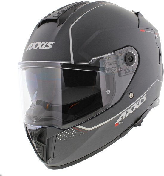 Casque intégral Axxis gris avec visière, accents orange et logo argenté 'Axxis'.