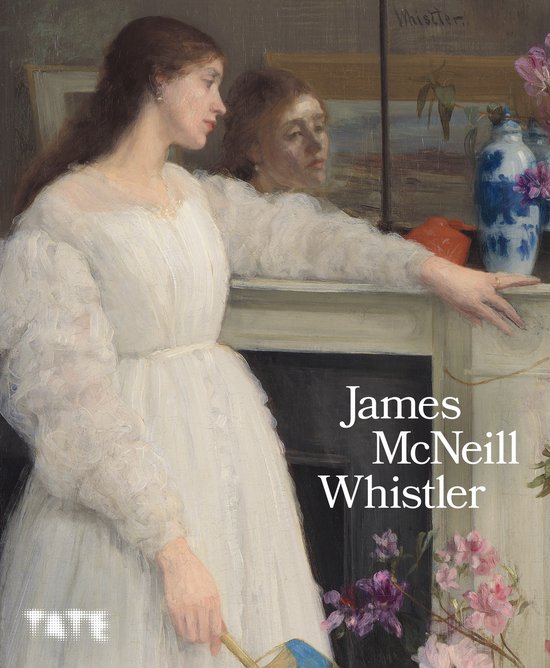 Vrouw in witte kanten jurk met spiegelbeeld, naast James McNeill Whistler tekst.