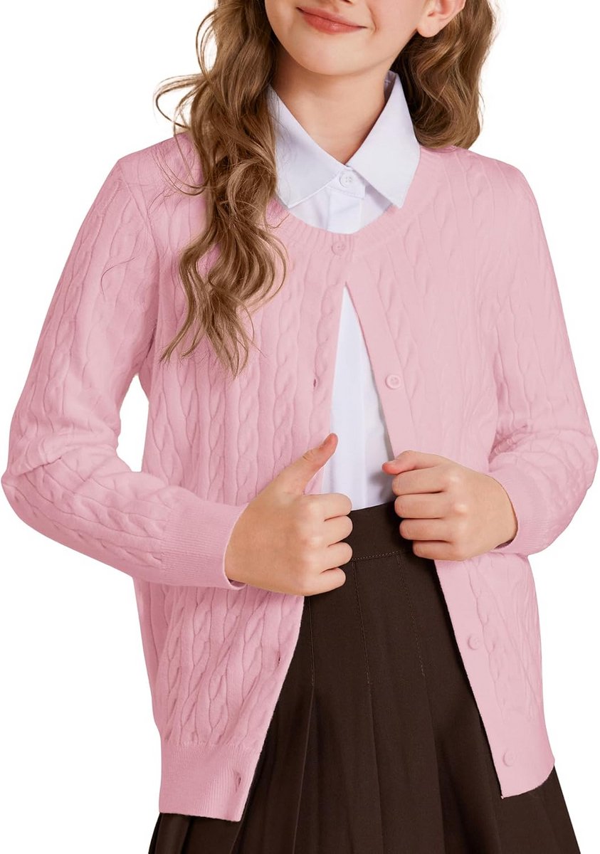 Meisjes Kabelgebreid Vest met Lange Mouwen en Knoopsluiting