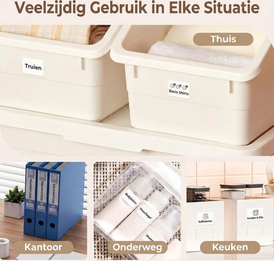 Labels worden getoond in thuis-, kantoor-, en onderweg-situaties voor organisatiedoeleinden.