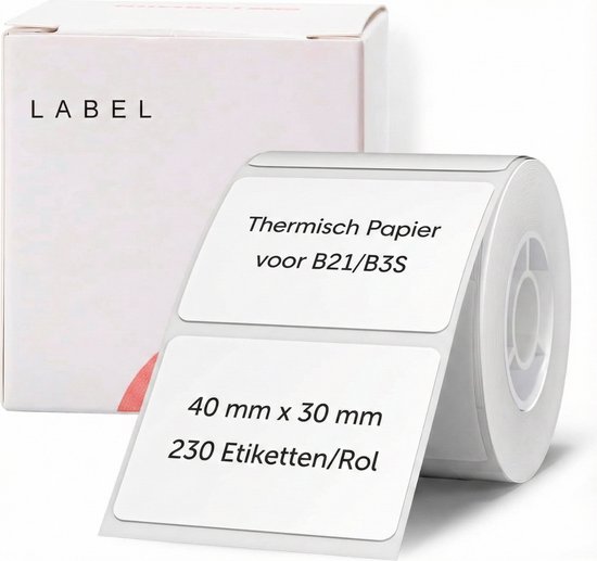 Doosje en rol witte thermische labels, 40mm x 30mm, 230 etiketten/rol.