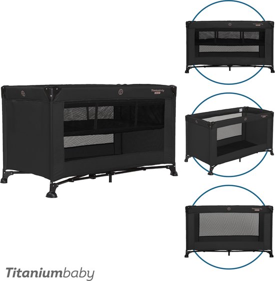 Zwart Titaniumbaby SMART campingbed met verhoger en mesh zijkanten. Toont drie verschillende hoeken.