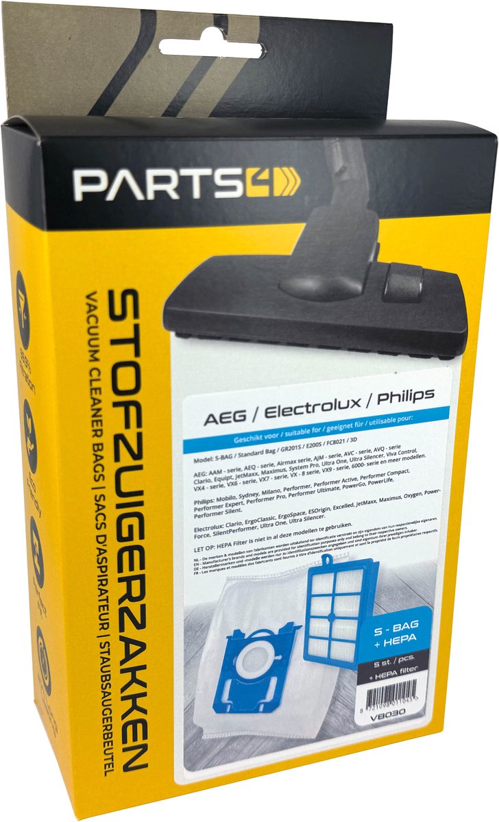 5 Stofzuigerzakken PARTS4® geschikt voor AEG / Philips / Electrolux S-BAG + HEPA Filter | Passend in o.a. AEG VX6, VX7, VX8, 6000 serie, GR201 of Philips Active, PowerPro, PerformerPro, PH99, FC8021/03, FC8021/05