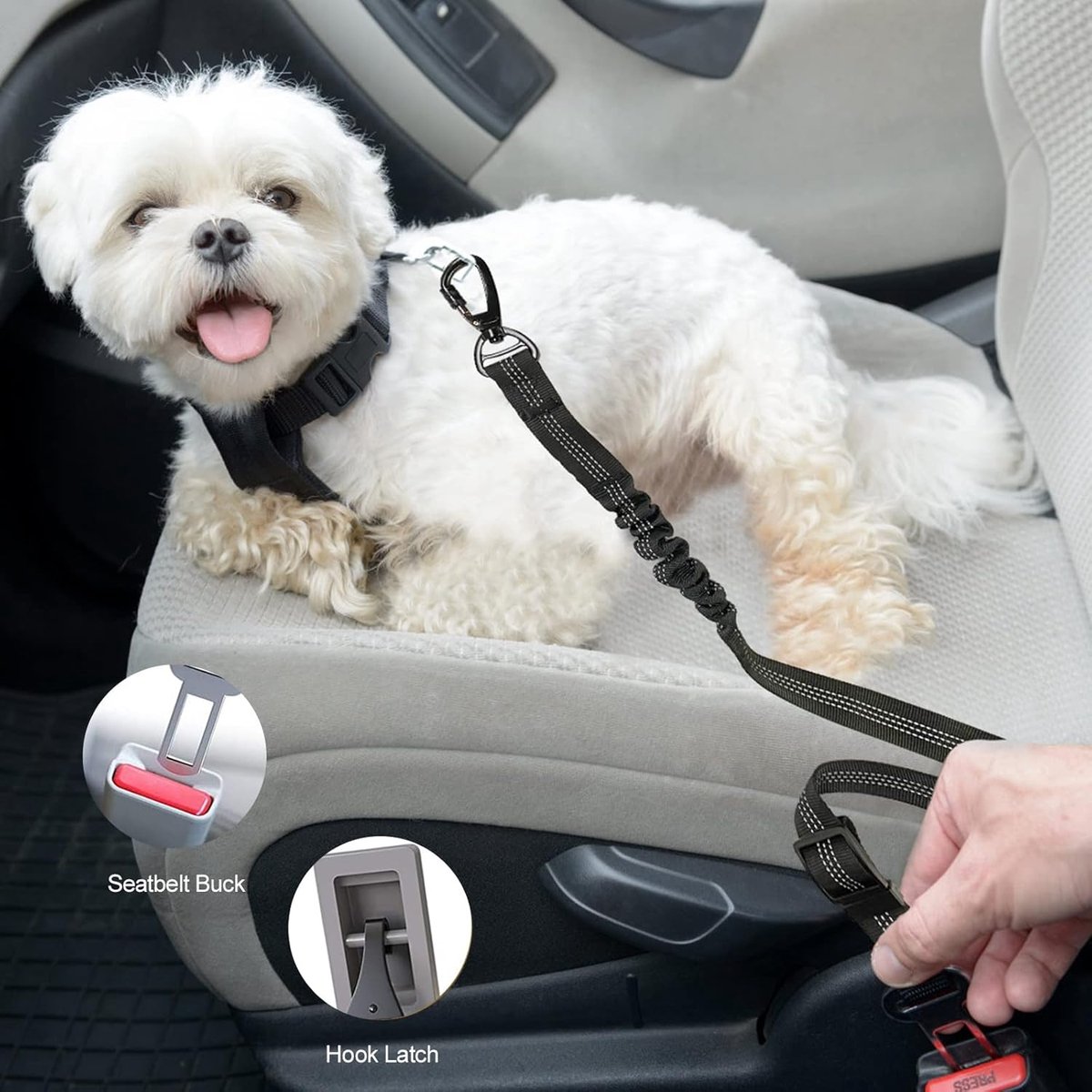 Candala Veiligheidsgordel voor hondenauto, 3-in-1 veiligheidsgordel voor de achterbank van de auto, verstelbare, hondenveiligheidsgordel met elastische schokabsorptie, dikke zinklegering, dubbele veilige grenthaak en dubbele gesp