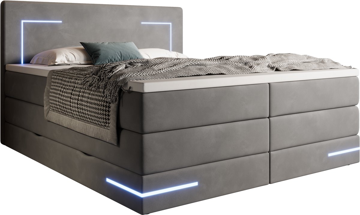 Wonello Detroit van Wonello, boxspring 180 x 200 cm, LED-verlichting, opbergruimte, antraciet, velours