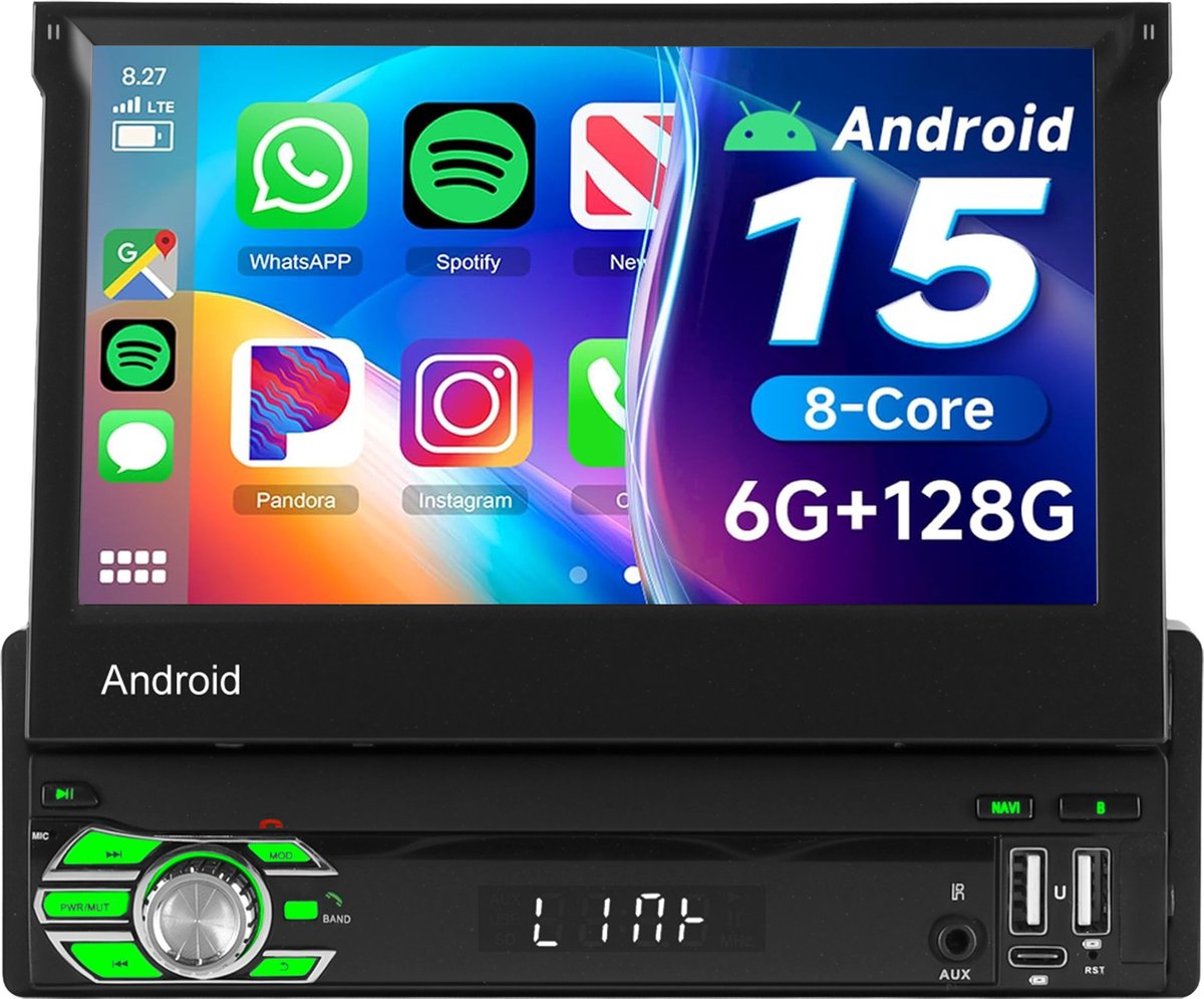 ESSGOO Autoradio 1 Din - Android 15, 6+128GB - Apple Carplay & Android Auto (Draadloos) - 7 Inch IPS HD Handmatig Klapscherm - GPS, BT, WIFI, USB, AUX