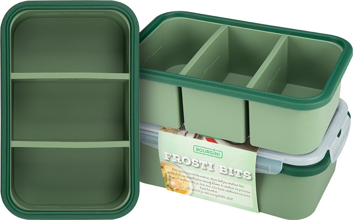 Bourgini Frosti Bits – Diepvriesbakjes set – 3 Siliconen Meal Prep Bakjes – 3 Vakken per Bakje (3 x 425ml) – Voordeelset – Lekvrij – BPA-vrij