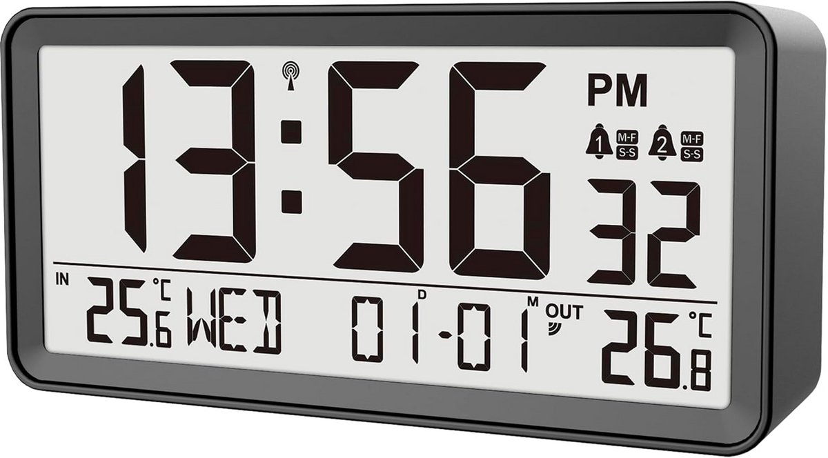 Digitale Wekker met Binnen- en Buitentemperatuur - Radio-gestuurde Tijd en Dubbel Alarm