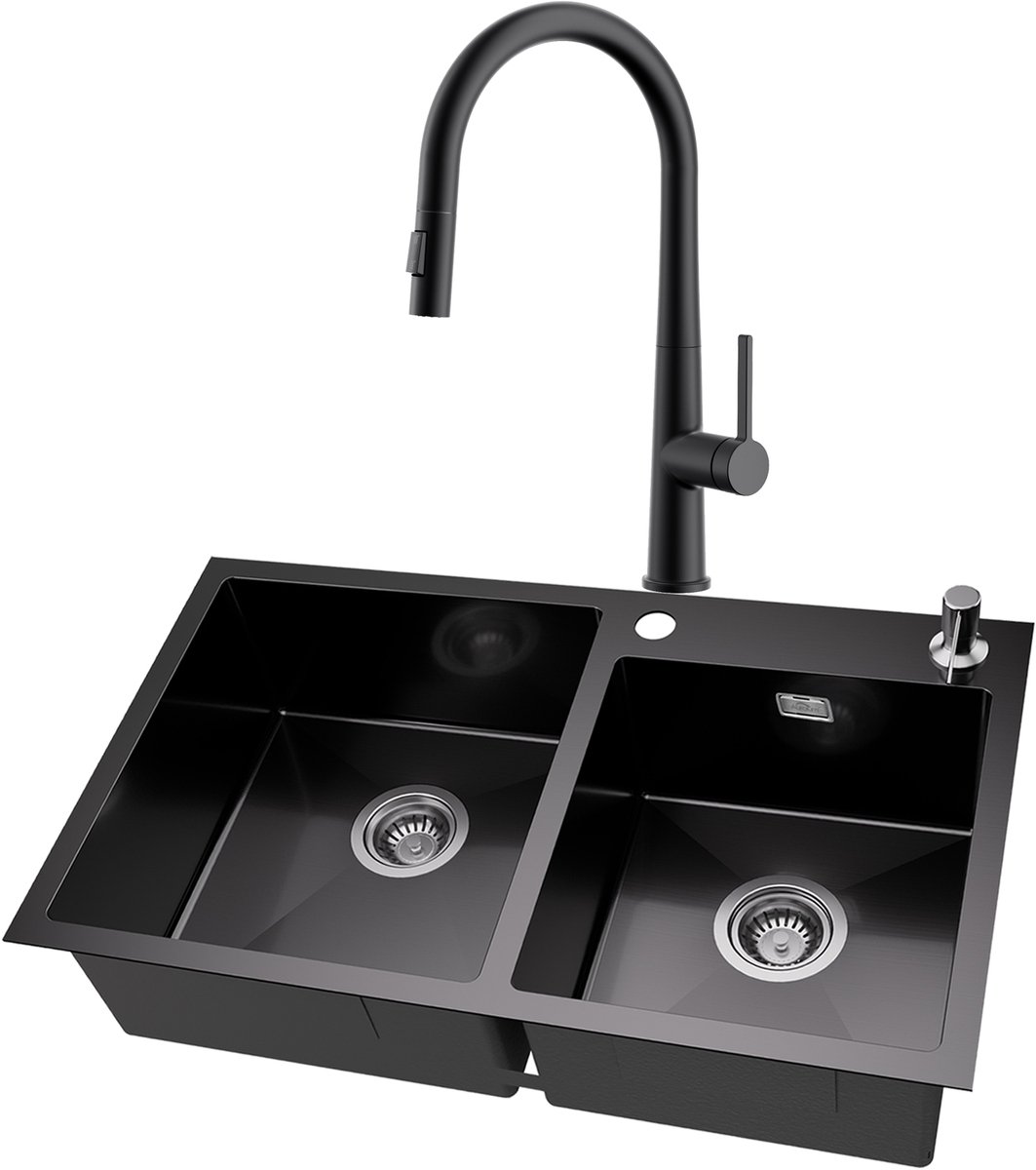 Auralum MAX Dubbele Spoelbak (75x45cm) Antraciet - Spoelbak Keuken Met keukenkraan Met Uittrekbare Uitloop - Duurzaam, Veelzijdig en Geluiddempend - Met zeepdispenser 300ml en Waterafvoersysteem