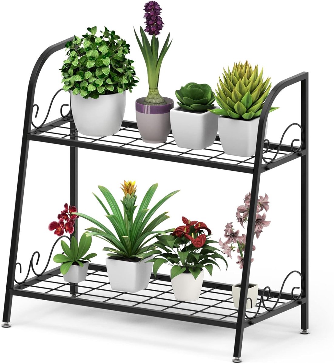 KOMFOTTEU Metalen bloementrap, 2-traps plantenrek met handvat, plantentrap, bloemenrek, plantenstandaard voor binnen en buiten, zwart (2 niveaus)