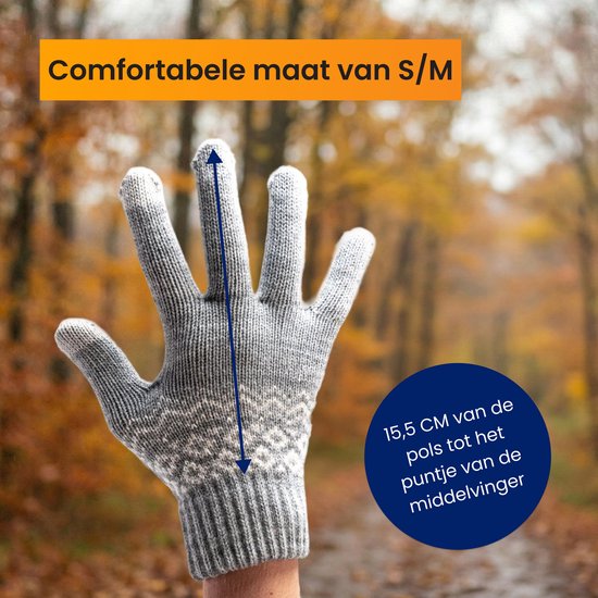 Grijze handschoen met Noors patroon toont 15,5 cm lengte van pols tot middelvinger.