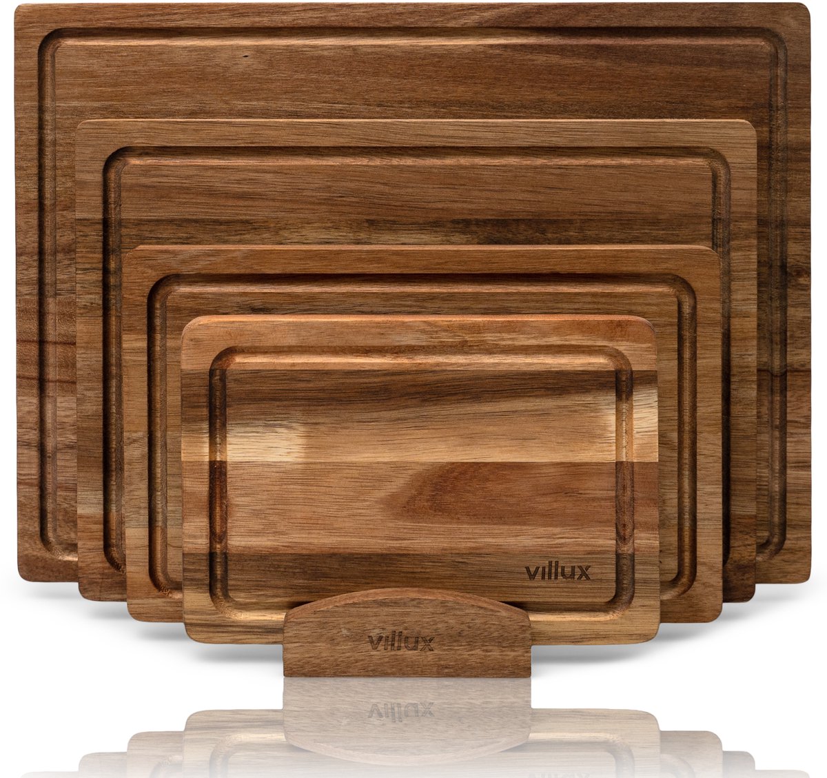 Villux Snijplank - Snijplankenset Met Houder - Snijplank Hout - Snijplanken - Snijplank Acacia- Houten Snijplank - Snijplankenset - Tapasplank - Borrelplank - Serveerplank - Hapjesplank - Inclusief eBook - 4 Stuks - Acacia
