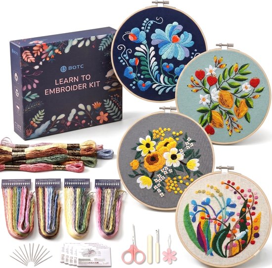 BOTC Kit de broderie Fleurs - Ensemble de broderie de 4 - Sets de broderie pour Adultes - Hobby et créatif - Broderie