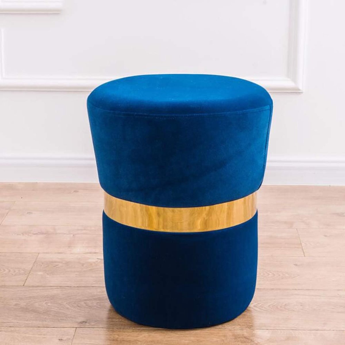Ronde Voetenbank - Zitpoef Kruk - Ontspannen Zitten - Gouden Rand - 38x38x46 cm - Blauw