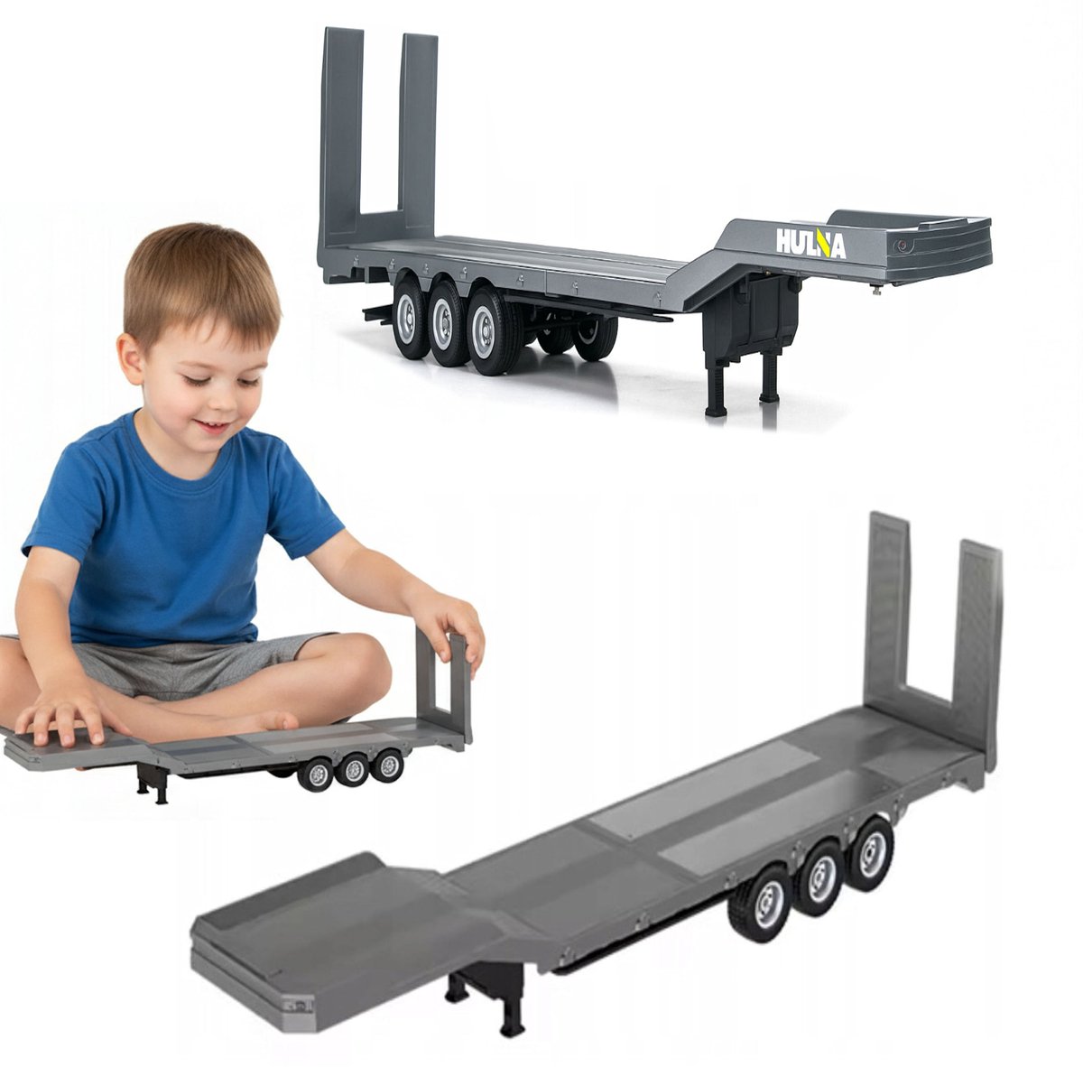 COIL Dieplader oplegger model 1:18 - Op afstand bedienbaar - Oplegger voor Scania 770S 8V model - Lengte 73,5 cm - Realistische oplegger voor vrachtwagenmodellen - Zilver