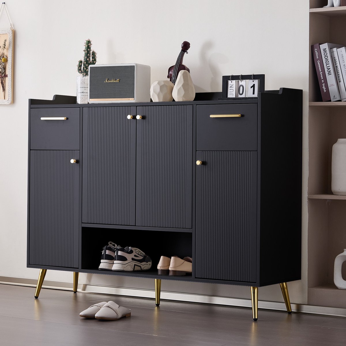 Wishdor - Schoenenkast - 2 Laden En 4 Deuren - Modern - Voor Hal Of Slaapkamer - Spaanplaat - Zwart - 130 x 37 x 100 cm