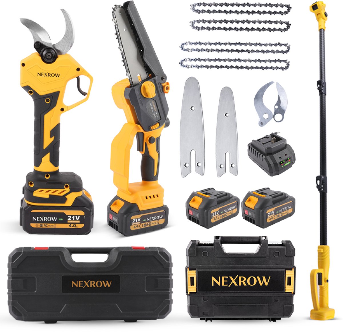NEXROW® Elektrische Snoeischaar + Mini Kettingzaag Combideal – Telescopische Steel 2,5m – Inclusief Reservekettingen & Snoeimessen, 2x 4000 mAh & 2x 4,0 Ah Accu’s, Oplaadstation & Opbergkoffer – Brushless Motor – Veiligheidssloten
