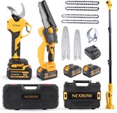 NEXROW® Elektrische Snoeischaar + Mini Kettingzaag Combideal – Telescopische Steel 2,5m – Inclusief Reservekettingen & Snoeimessen, 2x 4000 mAh & 2x 4,0 Ah Accu’s, Oplaadstation & Opbergkoffer – Brushless Motor – Veiligheidssloten