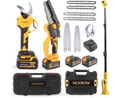 NEXROW® Elektrische Snoeischaar + Mini Kettingzaag Combideal – Telescopische Steel 2,5m – Inclusief Reservekettingen & Snoeimessen, 2x 4000 mAh & 2x 4,0 Ah Accu’s, Oplaadstation & Opbergkoffer – Brushless Motor – Veiligheidssloten