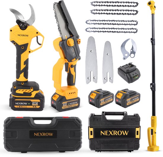 NEXROW® Elektrische Snoeischaar + Mini Kettingzaag Combideal – Telescopische Steel 2,5m – Inclusief Reservekettingen & Snoeimessen, 2x 4000 mAh & 2x 4,0 Ah Accu’s, Oplaadstation & Opbergkoffer – Brushless Motor – Veiligheidssloten