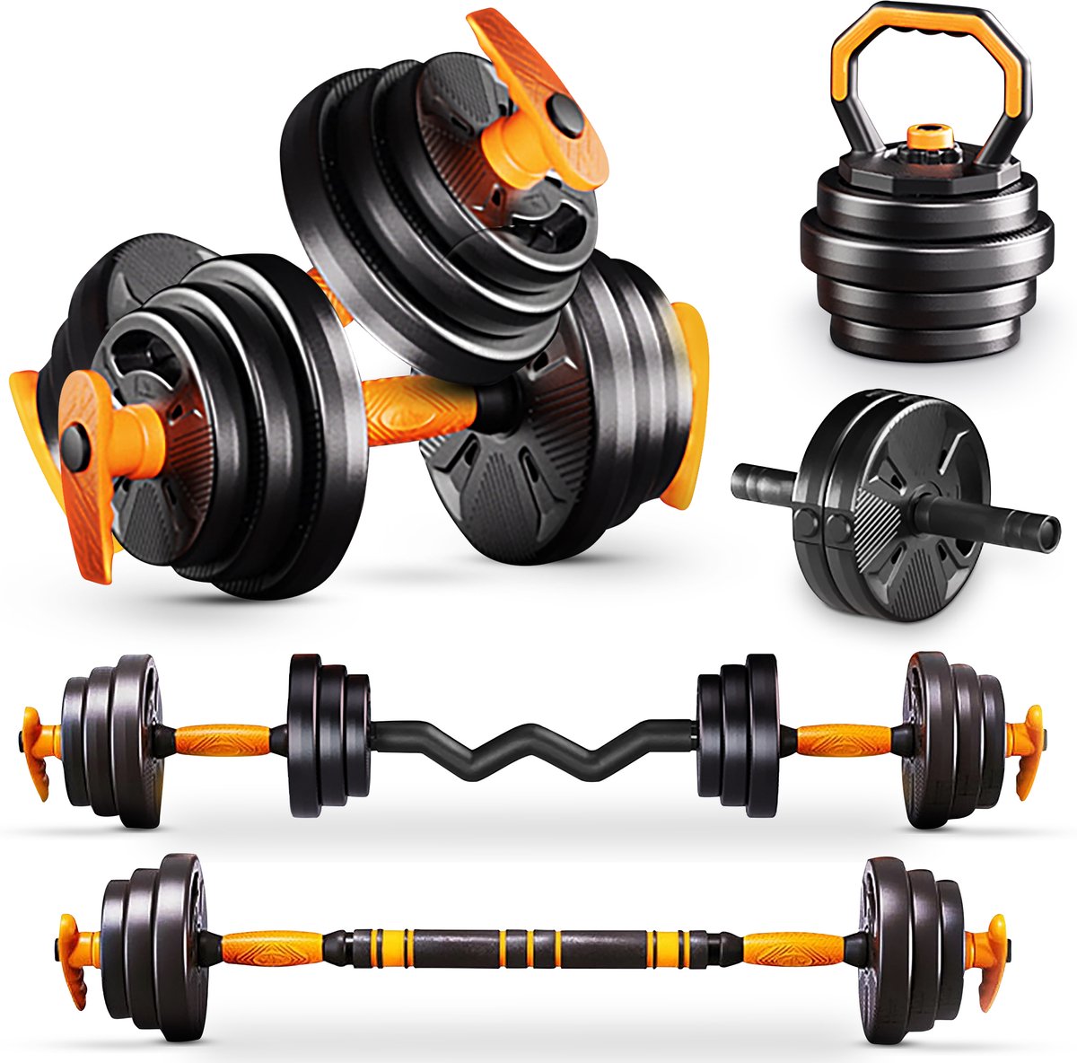 Gewichten Set voor Dumbbells Barbell en Kettlebells - 20KG Verstelbare Halterset met Extra Veiligheidsmoer & Slot - Thuis Fitness