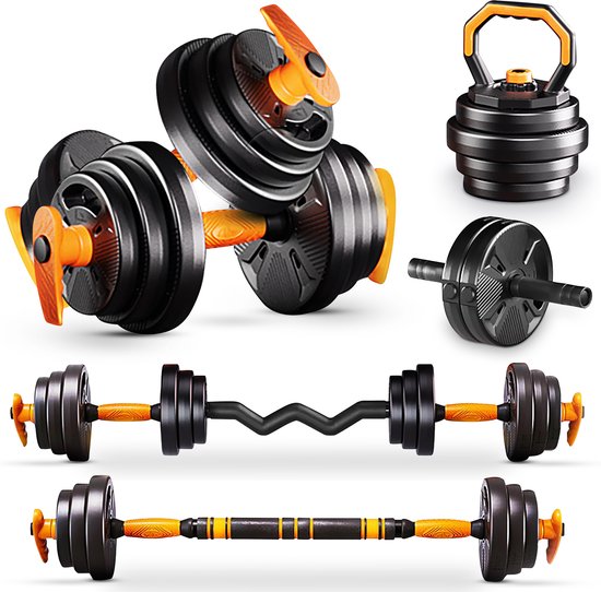 Verstelbare dumbbells, een halterstang en een kettlebell, met zwarte gewichtsschijven en oranje handvatten.