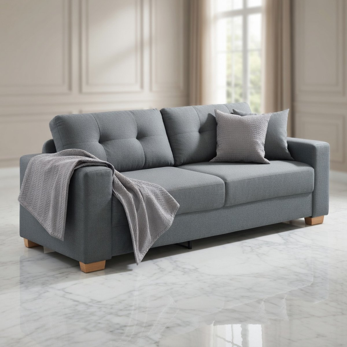 ComfortLuxe 3-Zitsbank 220 cm – Moderne Donkergrijze Stoffen Bank met Diepe Zit en Stevig Frame House&Garden