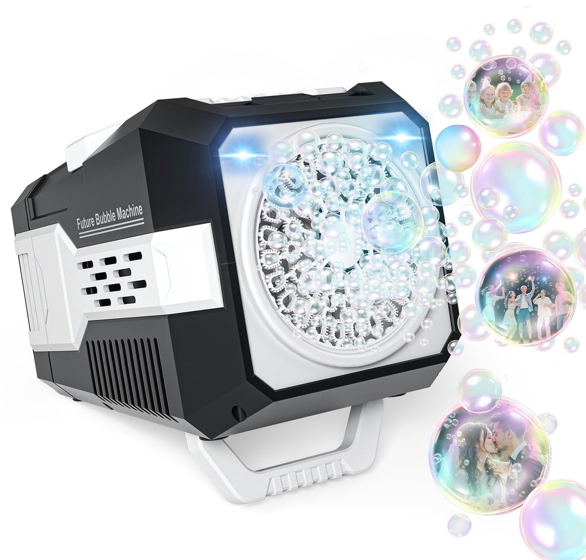 Elektrische Bellenblaasmachine met LED Verlichting - 40 Gaten - 10.000+ Bellen per Minuut - USB & Batterij Gevoed - 2 Snelheden - Draagbaar Buitenspeelgoed voor Kinderen & Huisdieren - Perfect voor Bruiloft & Tuinfeest - Zwart