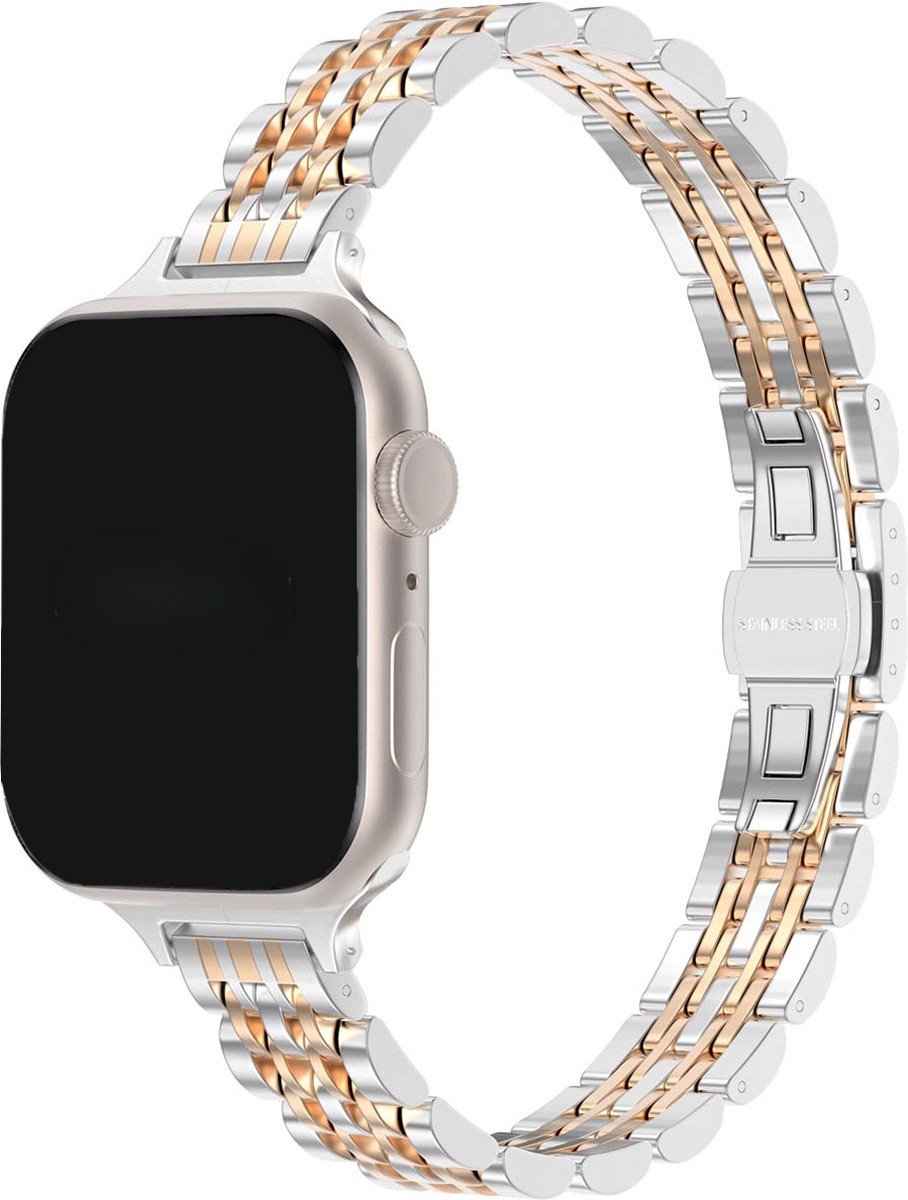 Stravo Slim RVS Schakelband – 7-Link Design – Luxe Dunne Horlogeband & Bandje – Geschikt voor Apple Watch 42mm (Series 11/10) / 41mm / 40mm / 38mm – Zilver/Rose gold