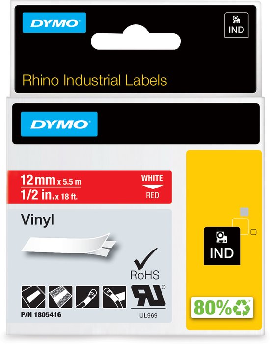 Verpakking van DYMO Rhino industriële Vinyl Labels. 12mm x 5,5m. Witte tekst op rood, met gele zijde. P/N 1805416.