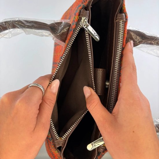 Petit sac cabas Brora jaune, vert pied-de-poule et marron - Fermeture éclair - Bandoulière - Harris Tweed - Glen Appin of Scotland