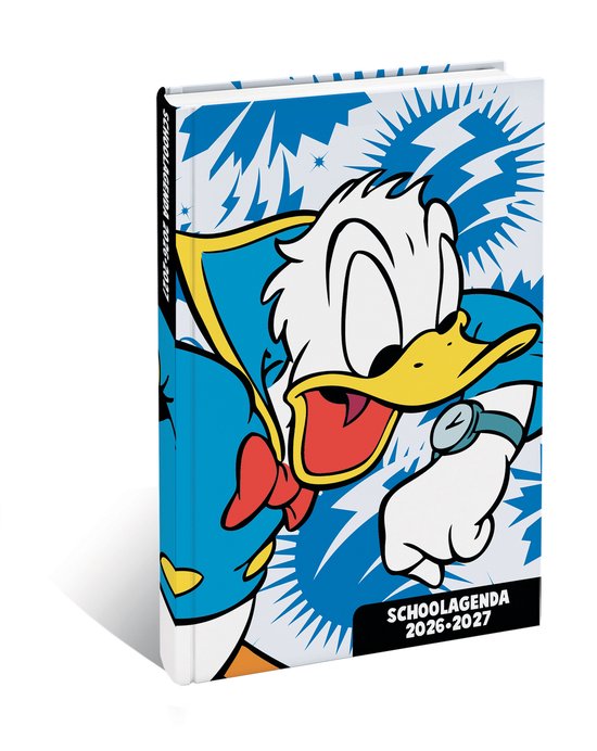 Donald Duck met strikje en horloge, op een blauwe achtergrond met witte bliksem, Schoolagenda 2026-2027