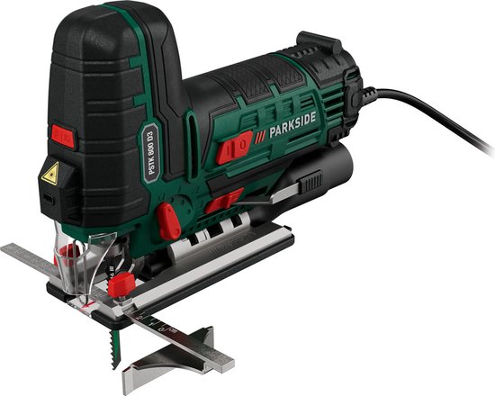 PARKSIDE decoupeerzaag PSTK 800 D3, zwart en groen, met een verstelbare voet en zaagblad.