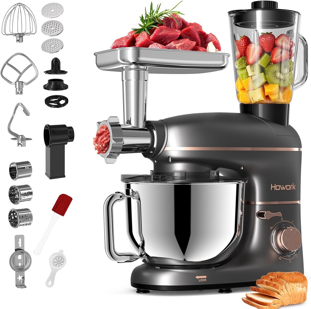 Keukenmachine - Mixer - Bakken en Koken - 1500 Watt Kracht - 10 Liter Kom - Donkergrijs