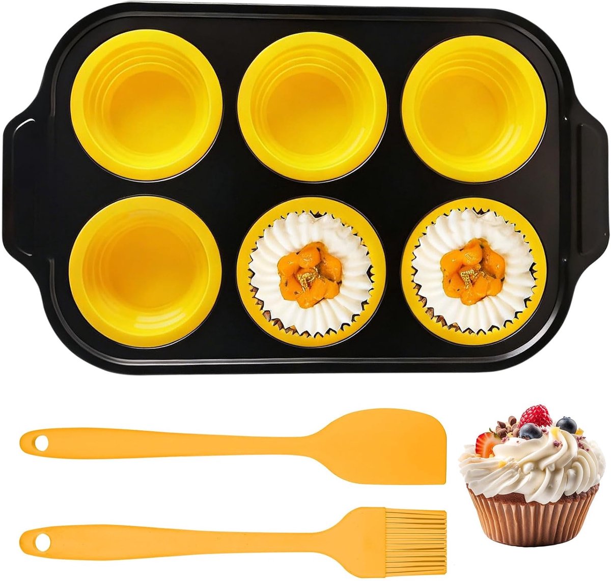 Muffinplaat Siliconen - Cupcake Vormen - Bakken Thuis - Met Metalen Frame - 31x19x3.8cm - Geel