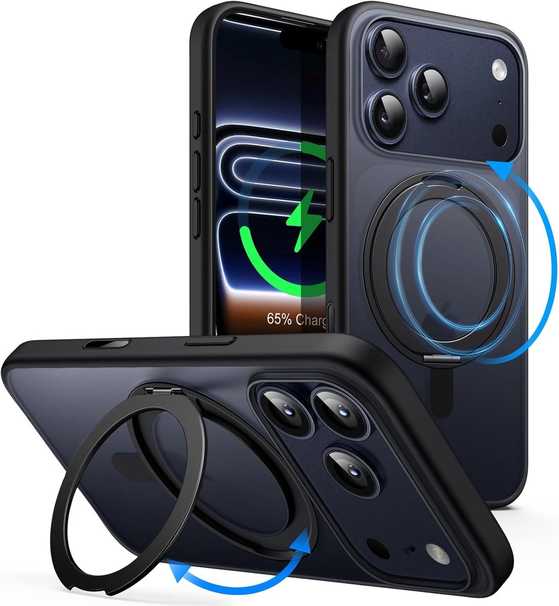 Hoesje Geschikt voor Apple iPhone 17 Pro - Anti-Val Technologie - Geschikt voor MagSafe - 360 Graden Draaibare Reovo Telefoonhouder standaard - Zwart